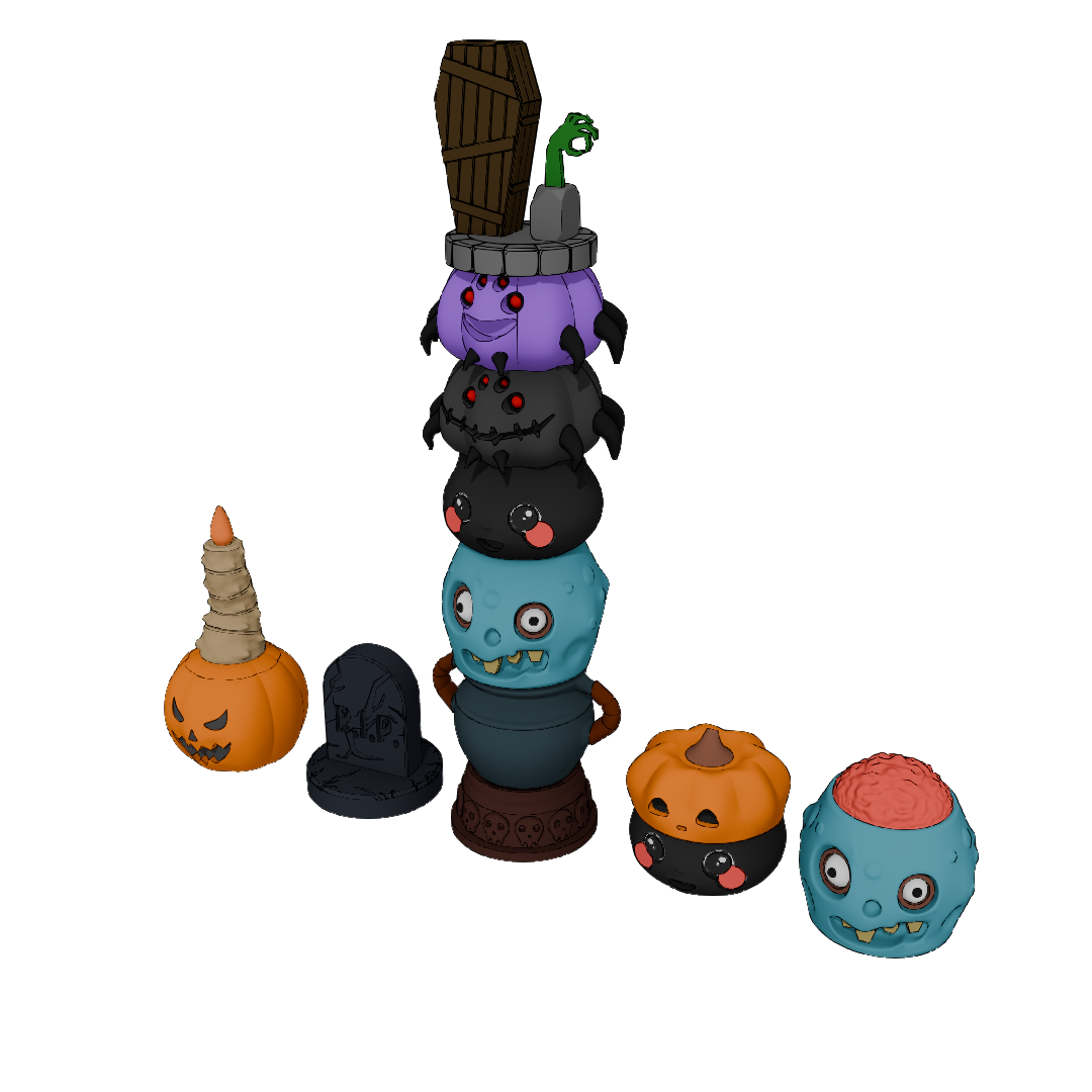 Stack of Halloween-themed figurines on a white background