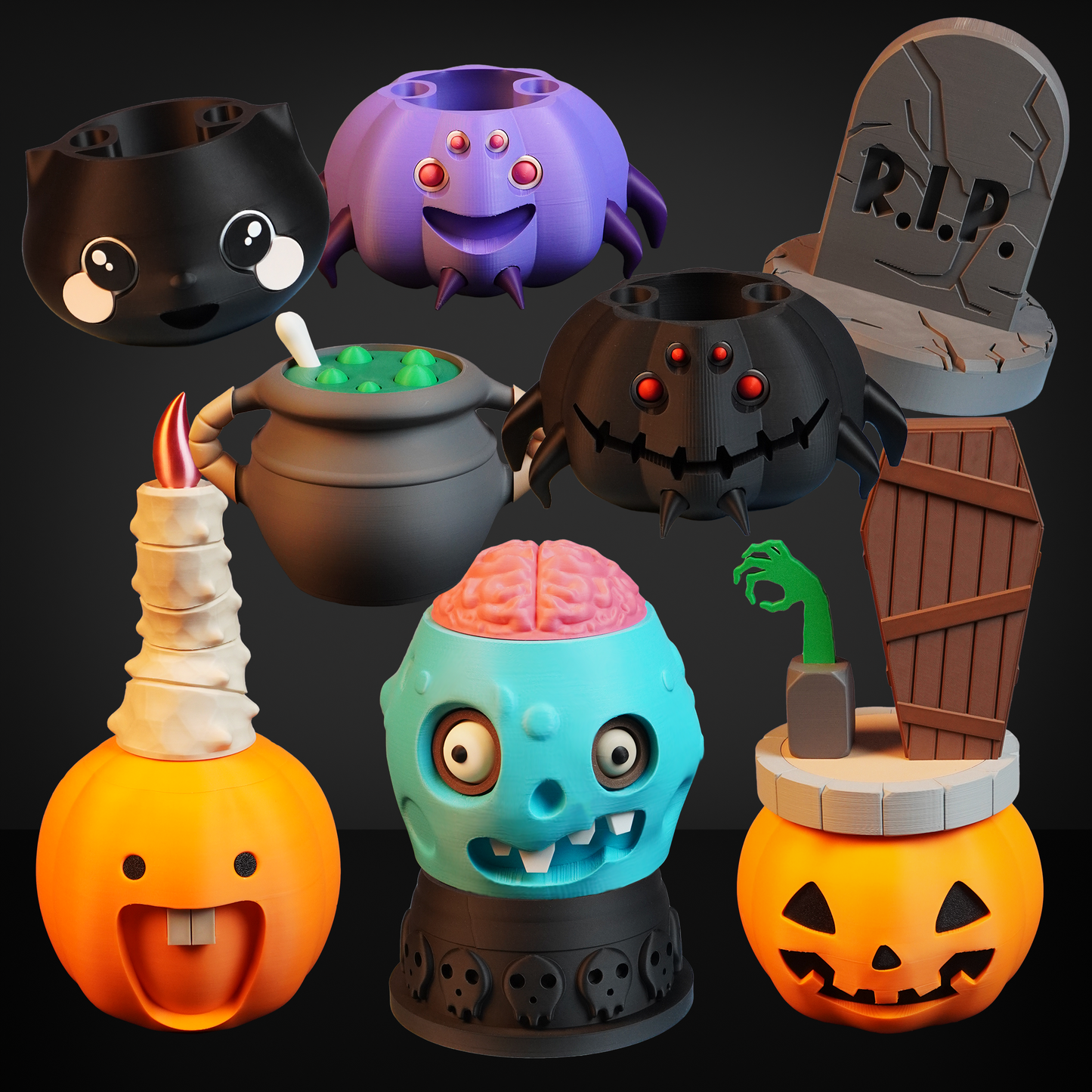 Collection of Halloween-themed decorative items including pumpkins, brains, and a tombstone on a dark background.