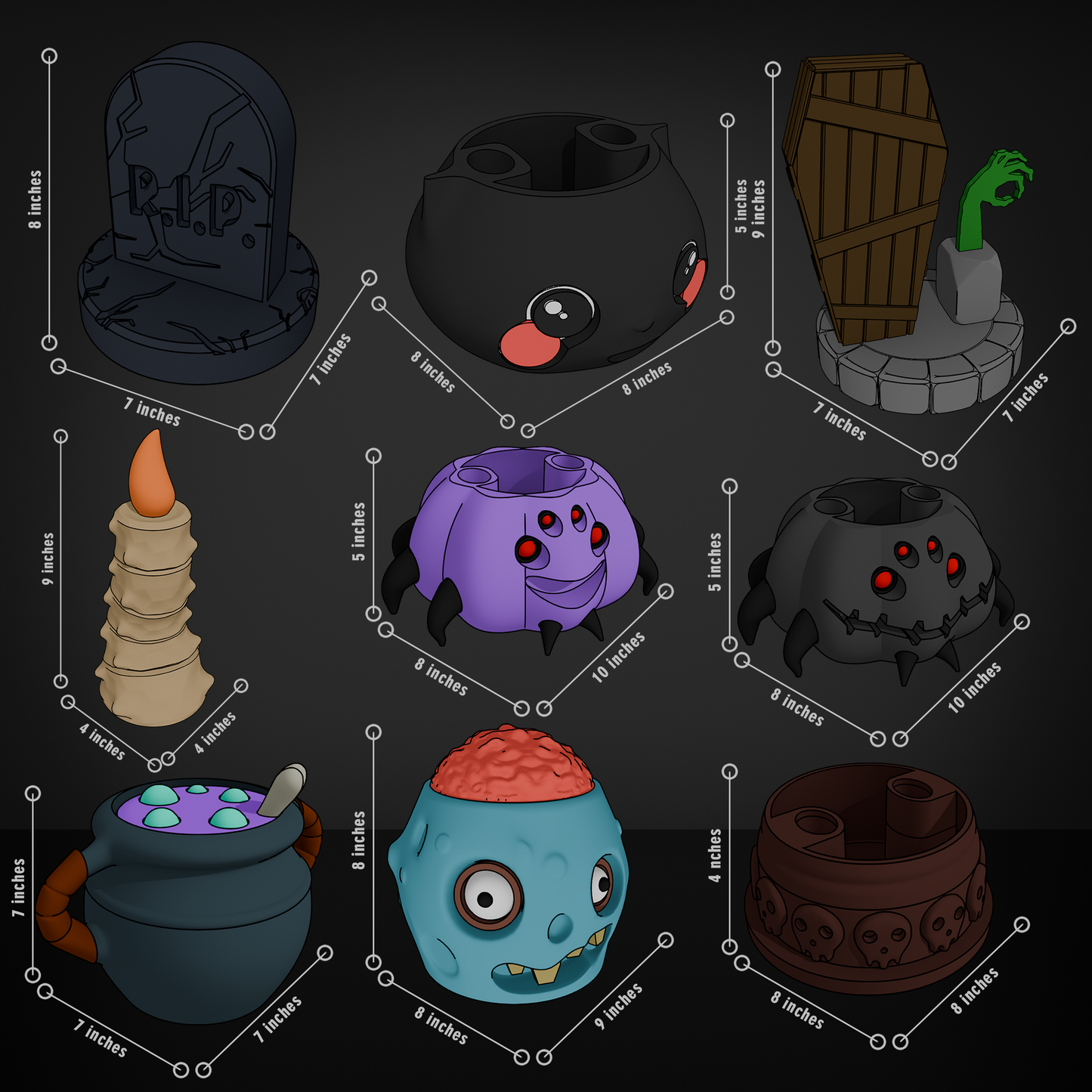 Set of Halloween-themed decorative items with measurements on a dark background